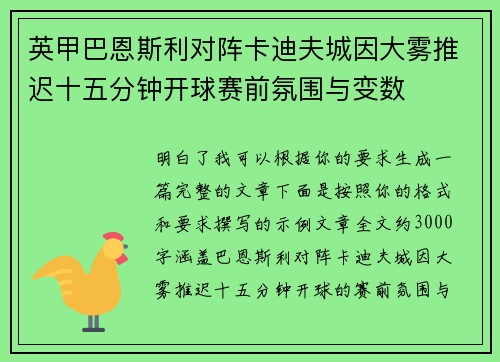 英甲巴恩斯利对阵卡迪夫城因大雾推迟十五分钟开球赛前氛围与变数