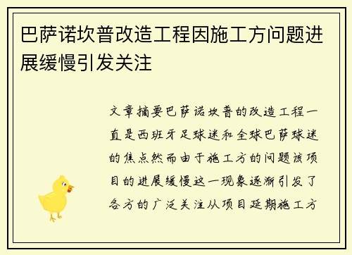 巴萨诺坎普改造工程因施工方问题进展缓慢引发关注